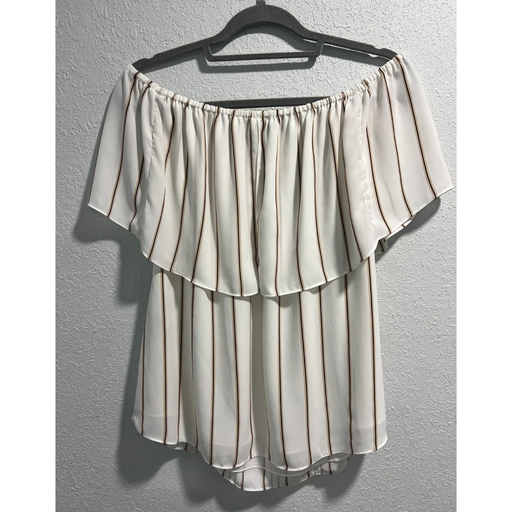 White House Black Market White Gold Black Stripe Off The Shoulder Top Size L - Picture 2 of 5